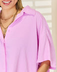 Zenana Texture Button Up Short Sleeve High-Low Shirt