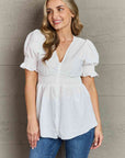 Culture Code Sweet Serenity  Full Size V-Neck Puff Sleeve Button Down Top