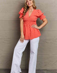 Culture Code Whimsical Wonders Full Size V-Neck Puff Sleeve Button Down Top